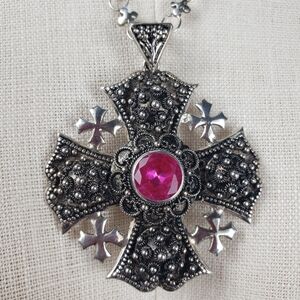 Crusader Cross .925 Sterling Silver w/ a Lrg Pink Sapphire aka Jerusalem Cross